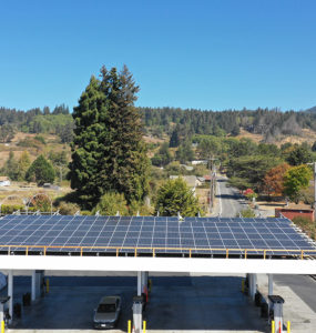 "Overhead shot shows solar modules on the canopy of the fueling station