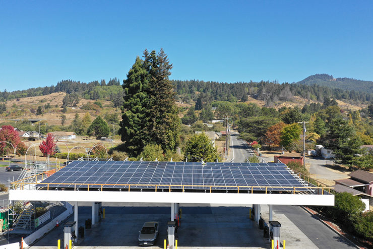 "Overhead shot shows solar modules on the canopy of the fueling station