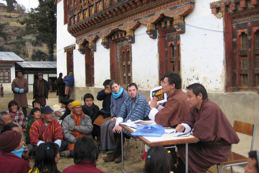 A Schatz Fellow and two HSU students lead a village energy presentation in Rukubji, Bhutan.