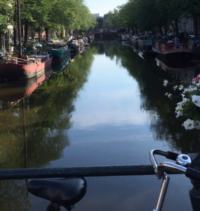 A bike is propped against a bar on a canal bridge. Boats are in the water, flowers and bushes are on the edges, and cars are parked above the canal.