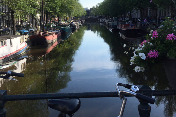 A bike is propped against a bar on a canal bridge. Boats are in the water, flowers and bushes are on the edges, and cars are parked above the canal.