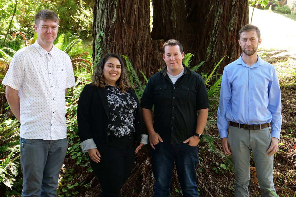 Four staff members stand beneath redwoods