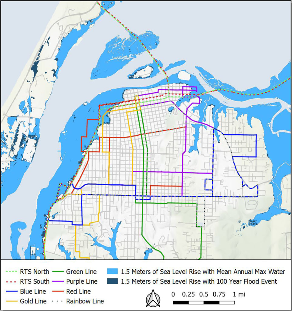 Cette carte montre les zones d'inondation pour une élévation de 1,5 mètre du niveau de la mer, pour (a) l'eau maximale annuelle moyenne, et (b) un événement de crue de 100 ans. Les itinéraires actuels des autobus de l'ETS sont également indiqués, dont plusieurs s'étendent dans les zones d'eau maximale annuelle.