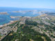 An aerial view of Humboldt Bay and the harbor jetties, from the southeast