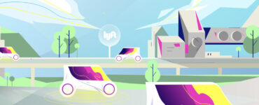 Futuristic cartoon of electric vehicles, a building, and trees