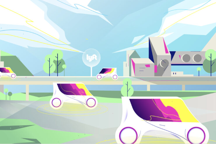 Futuristic cartoon of electric vehicles, a building, and trees