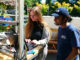 Students stand at a computer, operating a solar water pump
