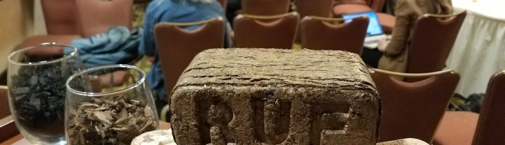 A briquette display with a lecture in the background.