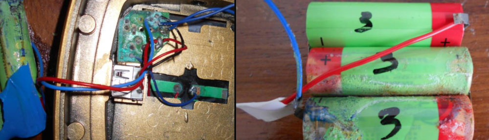 Corroded batteries are shown inside and removed from the product.