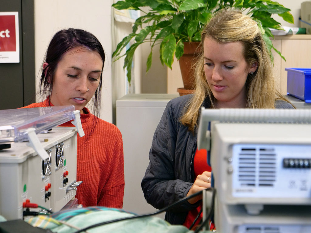 Kaileigh Vincent-Welling and Riley McDonald work in the Schatz Center's off-grid solar products test lab.