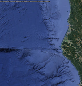 A satellite map of the California coastline from Fort Bragg to Klamath