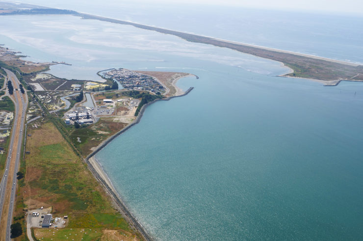 An aerial photo of the Humboldt Bay Generating Station, across from the south peninsula of Humboldt Bay
