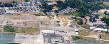 An aerial view shows a decaying dock at Redwood Marine Terminal 1