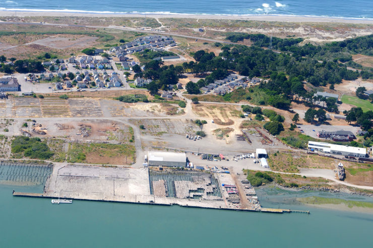 An aerial view shows a decaying dock at Redwood Marine Terminal 1