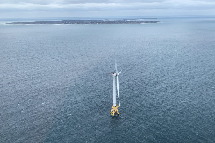 Aerial photo of an offshore wind turbine