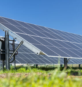 A solar array in a grassy field