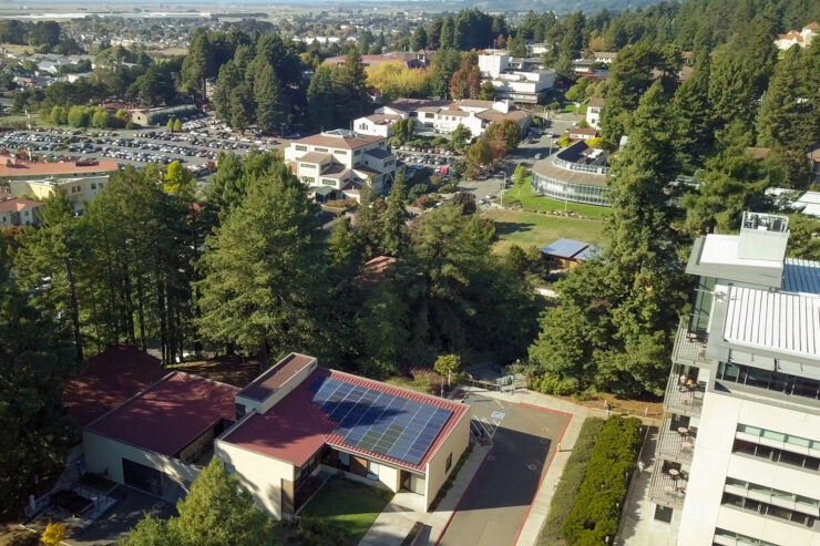 Aerial view of campus shows Schatz Center rooftop array in the foreground