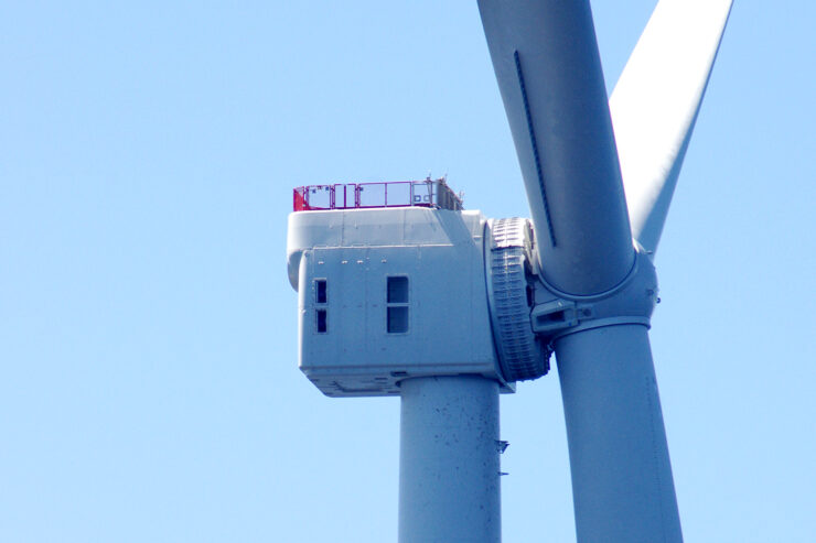 Close up photo of the back of a turbine nacelle